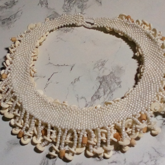 Vintage Artisan Hand Crafted Crochet MOP Ostrich Shell & Wood Beaded Necklace - Picture 3 of 12